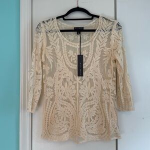 NWT Willi Smith Lace Overlay Blouse | 3/4 Sleeve Top | Creme | Size XS